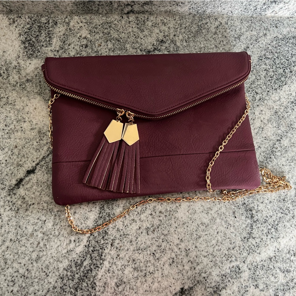 Elegant Burgundy Clutch with Gold Chain